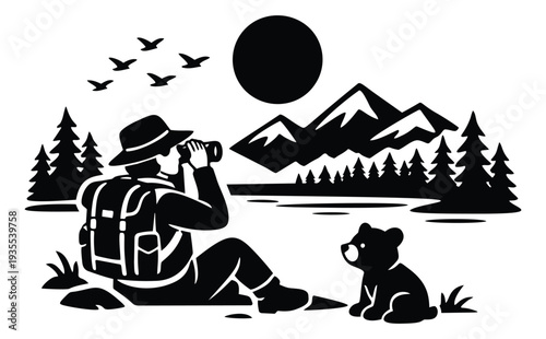 Graphic illustration of a hiker and a bear cub depicting wildlife observation for outdoor adventure