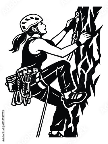 Monochrome graphic illustration of a female rock climber depicting ascent on a rock face for extreme sport and outdoor activity
