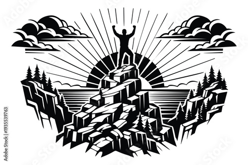 Graphic style illustration of a person on a mountain peak depicting triumph and success for achievement and outdoor adventure themes