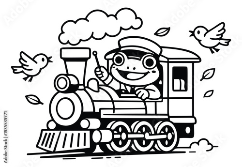 Cute hand drawn illustration of a frog conductor driving a steam train depicting a happy journey for kids' content