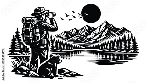 Vintage line art illustration of a hiker and bear cub depicting nature exploration for outdoor adventure