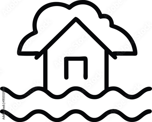 A house under a rain cloud with flooding