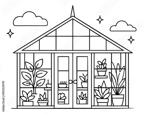 Line art illustration of a greenhouse depicting various potted plants inside for gardening and horticulture concepts