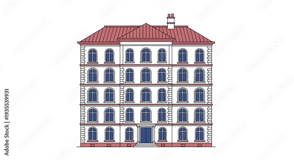 Fototapeta premium Architectural illustration of a classic multi story residential building shows multiple windows and a red roof against white.