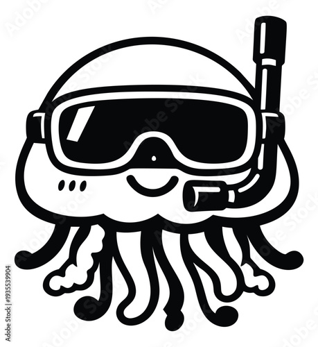 Line art illustration of a jellyfish depicting a cheerful character wearing a snorkel and mask for summer vacation