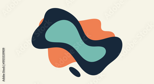 Bold abstract composition features layered organic blob shapes in dark blue teal and orange on a minimalist background.