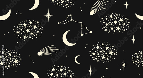 Celestial seamless pattern depicts moons stars comets and constellations in a vintage cream color on a deep black night sky.