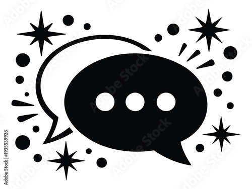 Black and white line art illustration of two speech bubbles depicting an exciting conversation for communication and social media