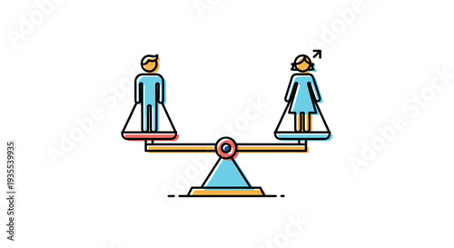 Concept of gender equality is shown through male and female figures balanced on a scale in a colorful flat illustration.