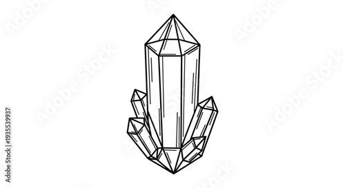 Hand drawn black and white sketch of a sharp crystal cluster explores geometric forms and natural crystalline structures.