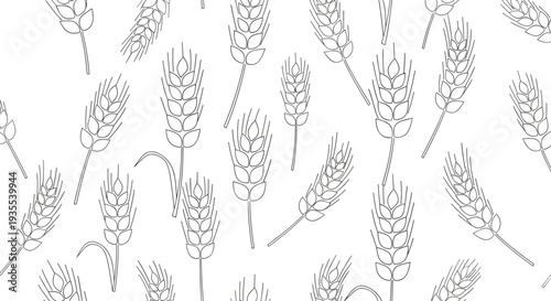 Seamless background pattern features delicate hand drawn wheat stalks in a black and white line art style for textiles.