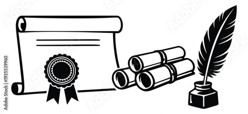 Line art document set featuring a certificate with a seal, rolled scrolls, and an inkwell with a quill for legal and historical themes