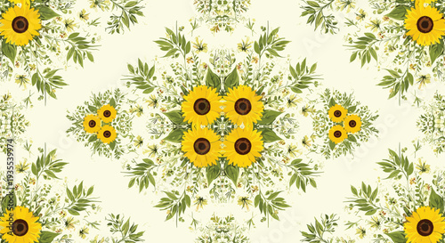 Symmetrical floral design features bright yellow sunflowers and green leaves arranged in a beautiful bouquet on cream.
