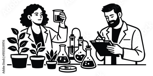 Line art illustration of scientists depicting experimental plant research for biotechnology