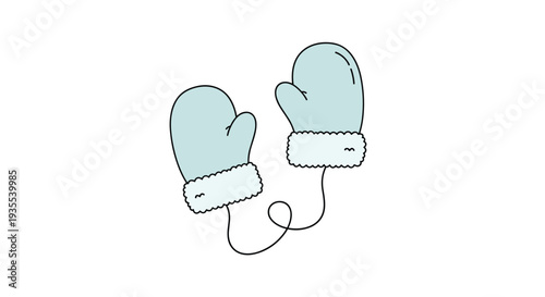 Pair of cozy light blue winter mittens connected by a string is shown in a simple cartoon style on a white background.