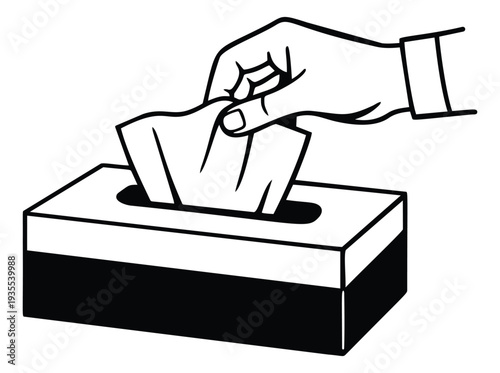 Line art illustration of a hand pulling a tissue from a box depicting immediate personal relief for daily hygiene or cold symptoms