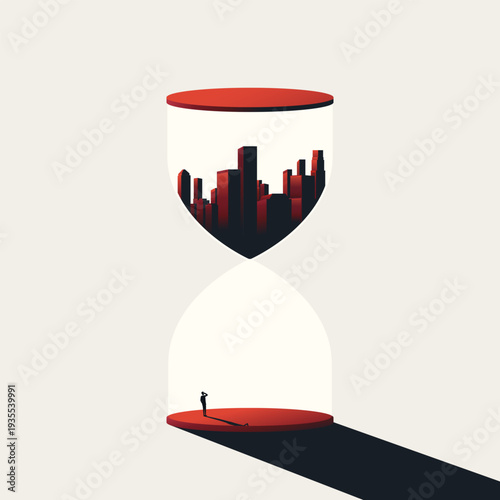 This minimal vector illustration depicts a stark corporate concept. A businessman stands inside an hourglass as a heavy city skyline looms above, symbolizing a harsh economic recession.