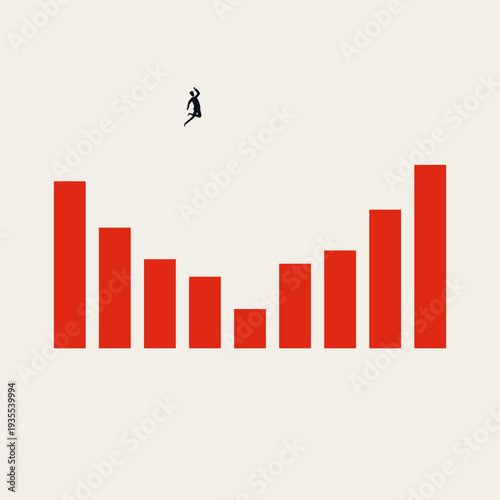 This minimal vector illustration presents a business concept of economy recovery. A tiny man leaps over a red graph, symbolizing a stock market crash and the inevitable, miraculous rebound.