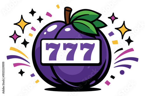 Modern illustration of a plum fruit depicting a 777 jackpot for casino gaming