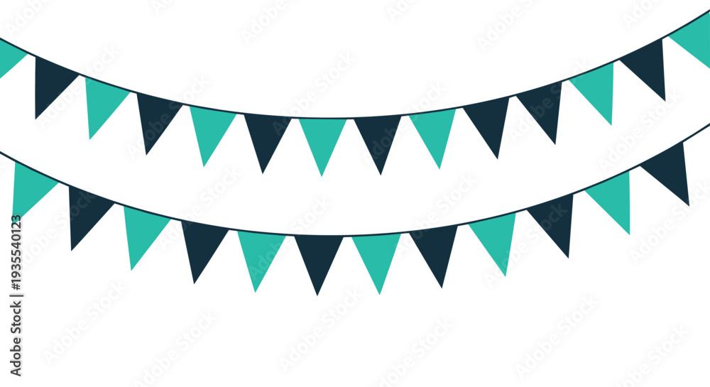 Fototapeta premium Two festive rows of teal and dark blue triangular bunting flags are draped across a clean white background for a party.