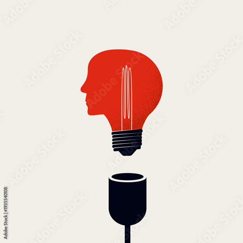 Minimal vector illustration concept depicting a creative mind. A red head lightbulb symbol represents business brainstorming and innovation. Optimized corporate graphic for intelligence themes.