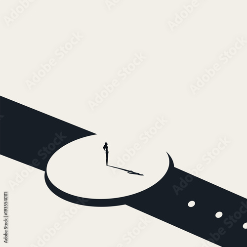Minimal vector illustration concept of business deadline stress. A tiny businesswoman stands on a giant watch face. Corporate symbol depicting job pressure, time management, and heavy work demands.