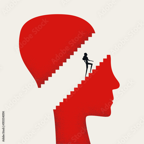 Minimal vector illustration concept depicting business woman leader growth. Corporate silhouette climbing stairs inside a red head symbol to achieve career success and build a strong mindset.