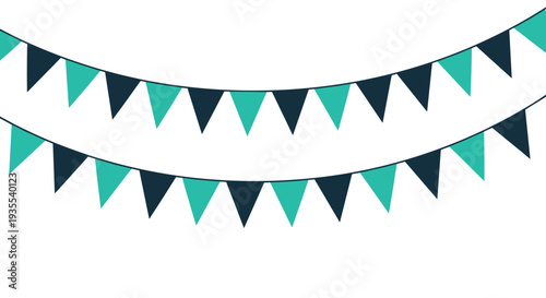 Two festive rows of teal and dark blue triangular bunting flags are draped across a clean white background for a party.