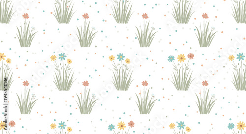 Seamless pattern featuring delicate wild flowers, tall grass, and colorful floating dots for a whimsical spring garden look.