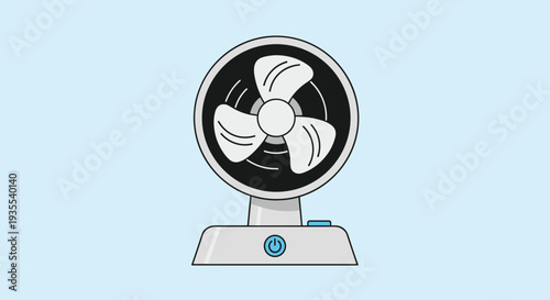 Electric desk fan icon with three blades and a power button set against a light blue background for cooling ventilation.