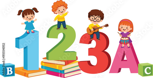Cute Cartoon Kids with Large 123 and ABC Numbers, Fun and Playful Learning Illustration for Children