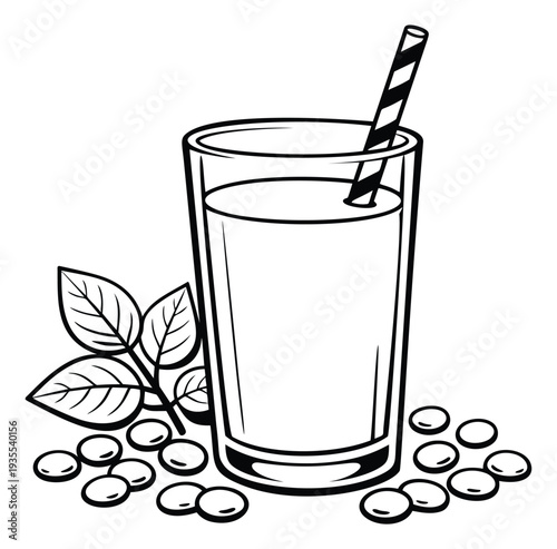 Hand drawn line art illustration of a glass of soy milk with a straw, soybeans and leaves depicting a plant-based drink for healthy nutrition
