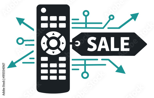 Graphic illustration of a television remote control depicting activation of sales and promotions for e-commerce marketing