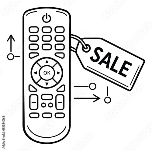 Hand drawn line art illustration of a TV remote control depicting a sale tag for electronics promotions