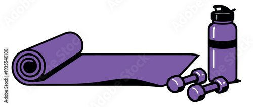 Cartoon line art fitness equipment set featuring a yoga mat, dumbbells, and a water bottle for exercise and healthy lifestyle