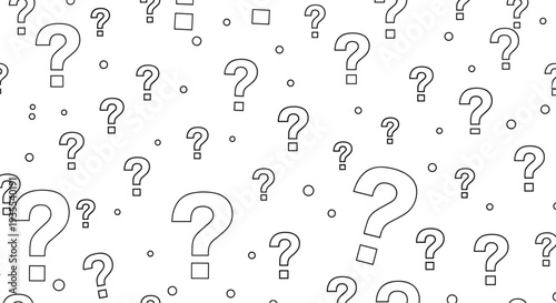 Minimalist seamless pattern of outlined question marks and small dots in black and white for a curious or mysterious design.