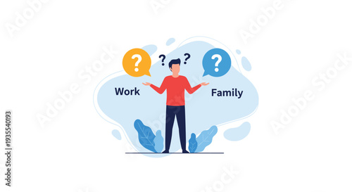 Confused man shrugging his shoulders while trying to find a balance between professional work and family life responsibilities.