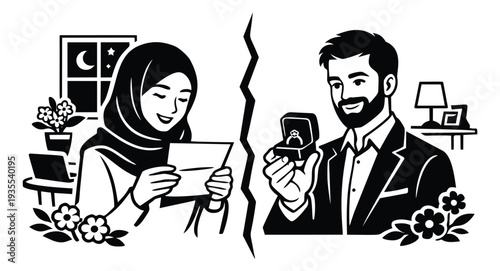 Hand drawn line art illustration of a couple depicting a long distance proposal for relationship concepts