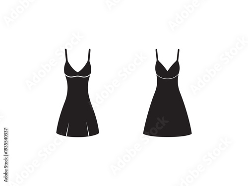Two black dresses with thin straps and white trim lines on white background  female clothing