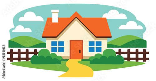 Flat design illustration of a cozy house depicting a suburban scene for real estate or family themes