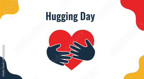 Pair of dark hands hugging a large red heart for hugging day with colorful abstract organic shapes on the background.