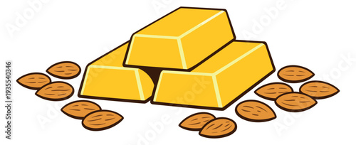 Cartoon financial and food illustration set featuring multiple shiny gold bars and whole almonds for wealth and healthy lifestyle concepts