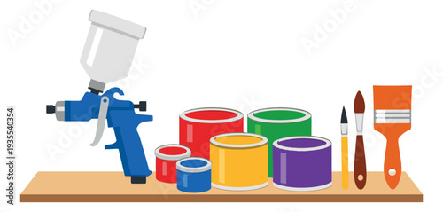 Flat design clip art painting tools set featuring a spray gun, paint cans, and brushes for home improvement