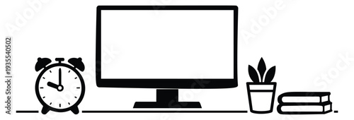 Line art workspace elements set featuring an alarm clock, computer monitor, potted plant, and books for remote work and study