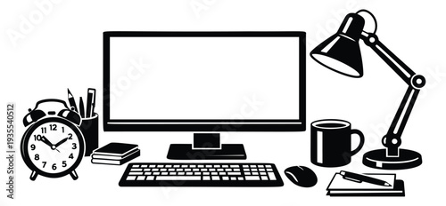 Line art office desk items set featuring a computer, desk lamp, alarm clock, and stationery for a productive workspace