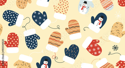 Festive winter pattern featuring a variety of colorful mittens with snowmen, snowflakes, and polka dots on a light background.