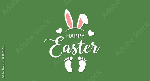 Festive Happy Easter greeting card featuring white bunny ears and small baby footprints on a solid green background.