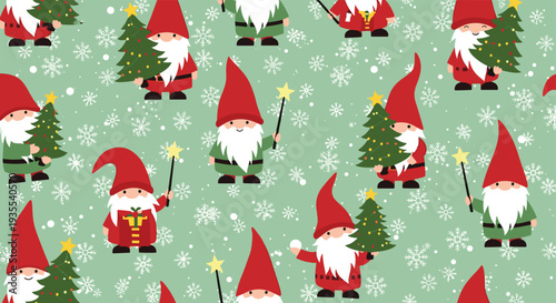 Cute seamless Christmas pattern featuring festive gnomes carrying trees and magic wands on a snowy green background.