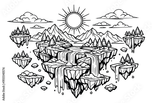 Hand drawn line art illustration of a fantasy landscape depicting floating islands with waterfalls, mountains, and a river under a sun for a mythical environment theme