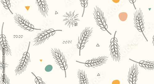 Artistic pattern of hand drawn wheat ears combined with colorful geometric shapes on a light cream background.